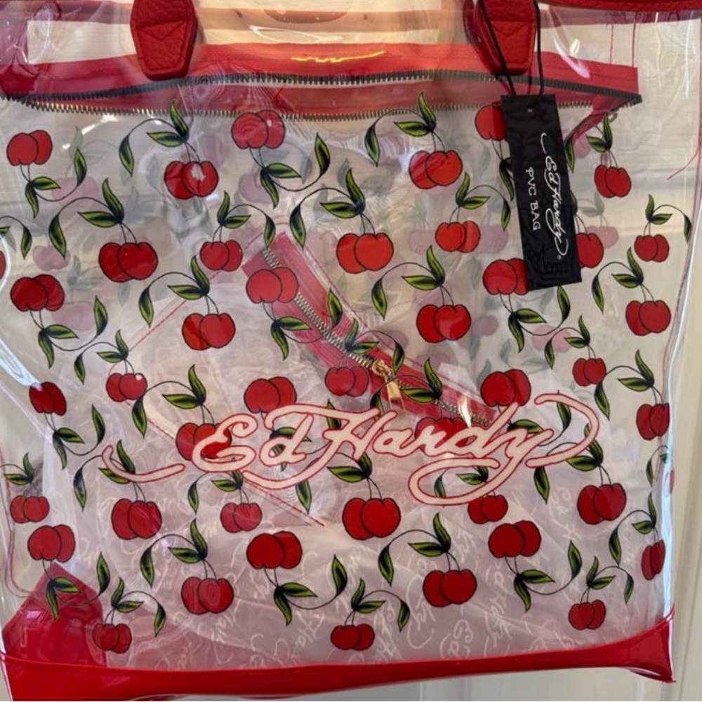 Ed Hardy Clear Tote with Red Cherry Print and Red Trim - Picture 3 of 7